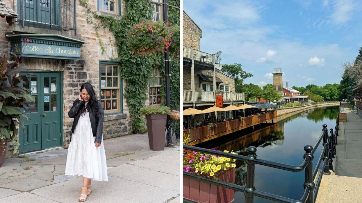 A person standing by a stone building. Right: A river with historic buildings.