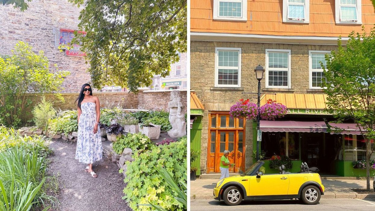 A person standing by a stone wall. Right: A yellow car in front of a historic building.