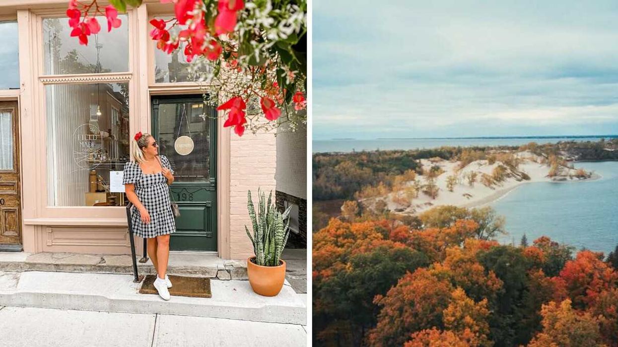 A person standing by a store. Right: A beach during the fall.