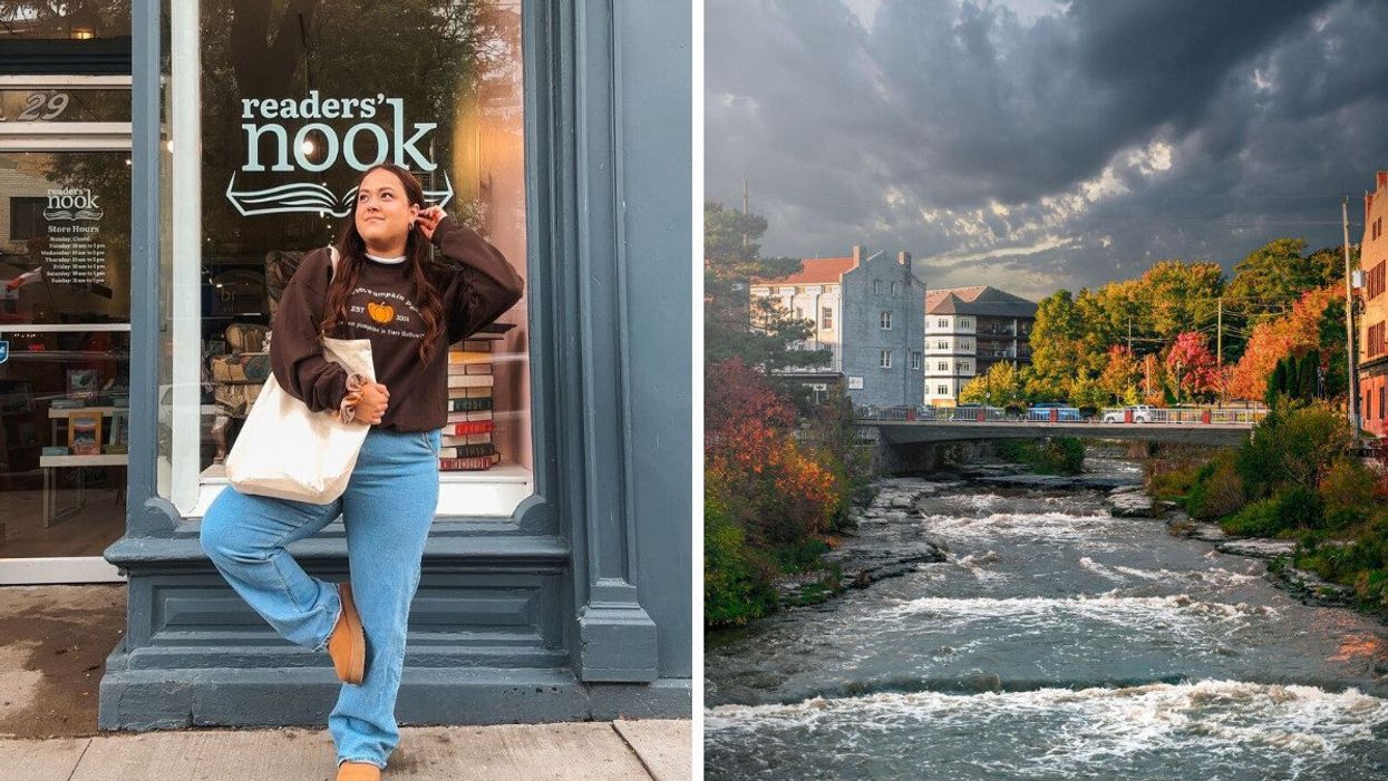 A person standing by a store. Right: A village with a river.