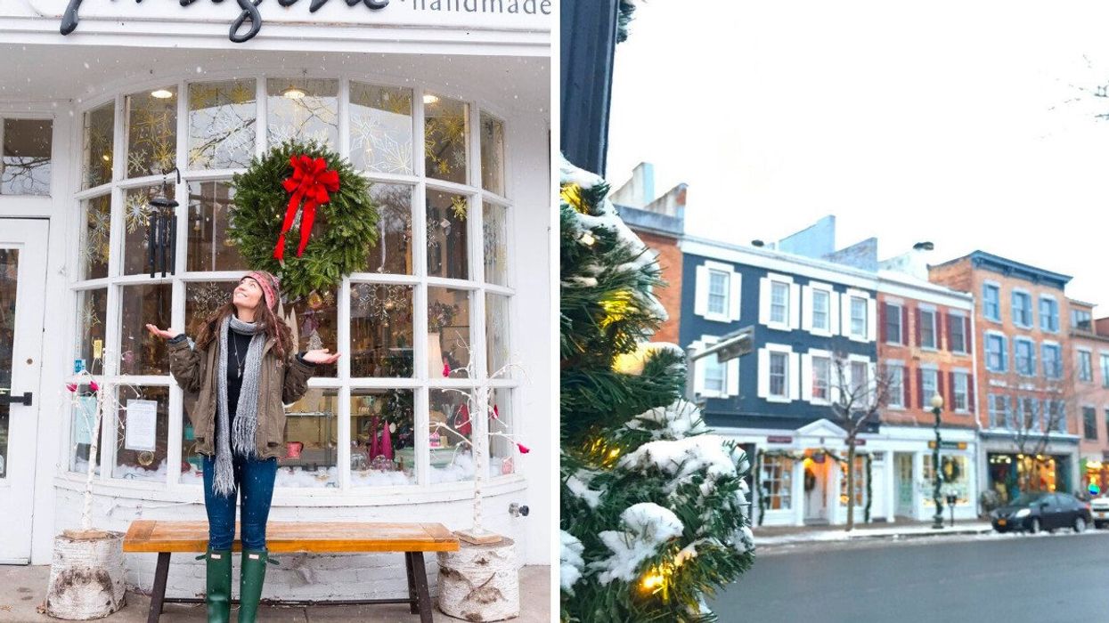 A person standing by a store with Christmas decor. Right: A main street during Christmas.