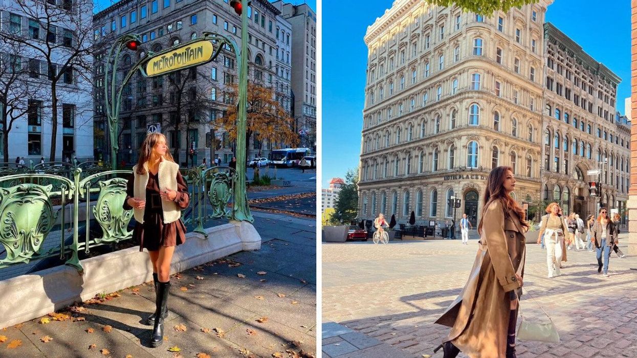 A person standing by a subway station. Right: A person walking down a historic street.