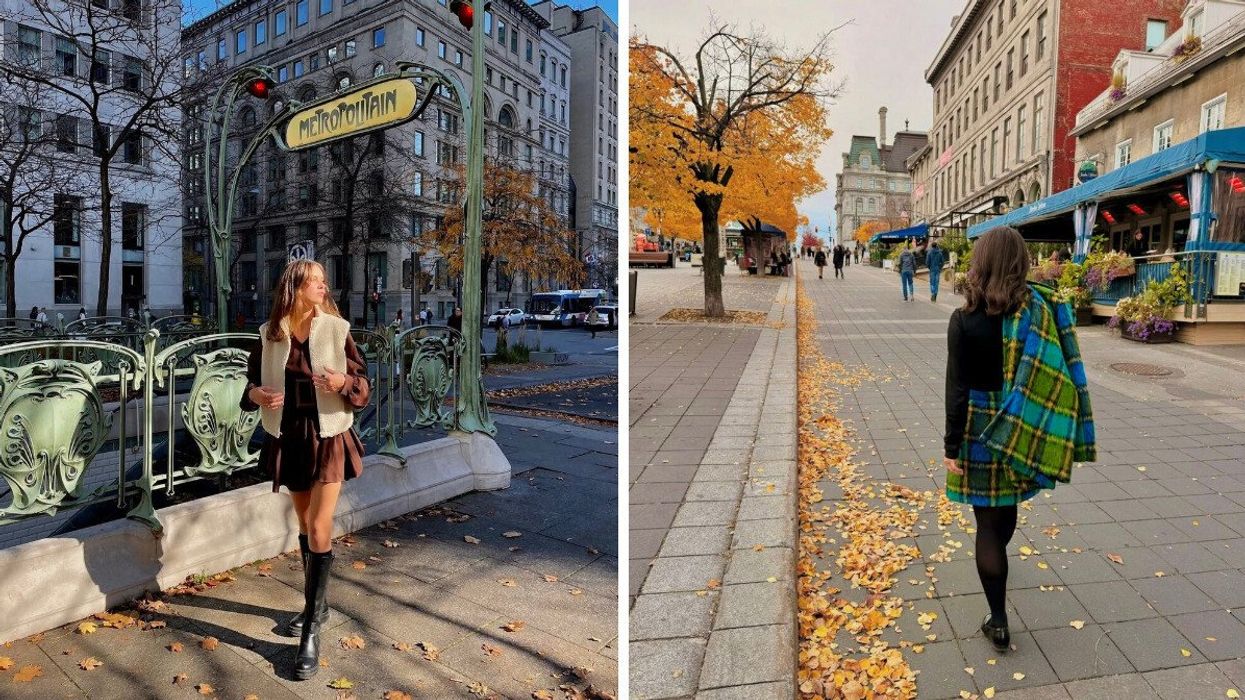 A person standing by a subway station. Right: A person walking down a street.