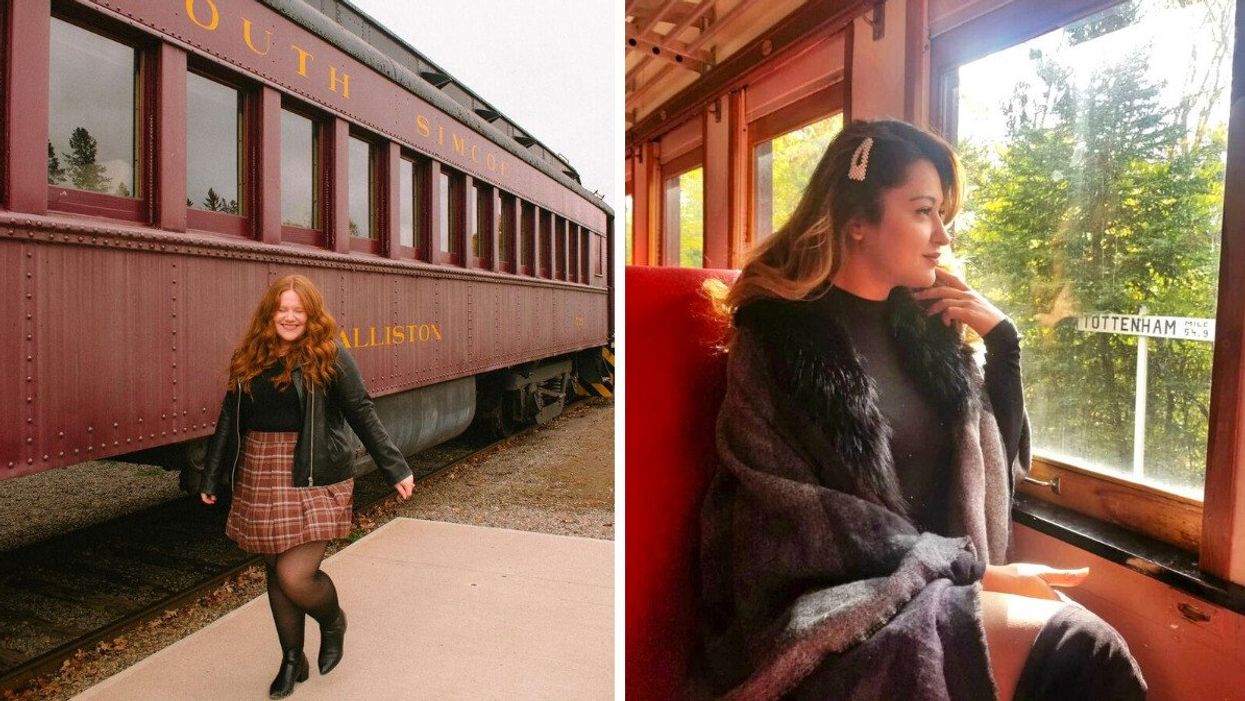A person standing by a train. Right: A person sitting on a historic train.