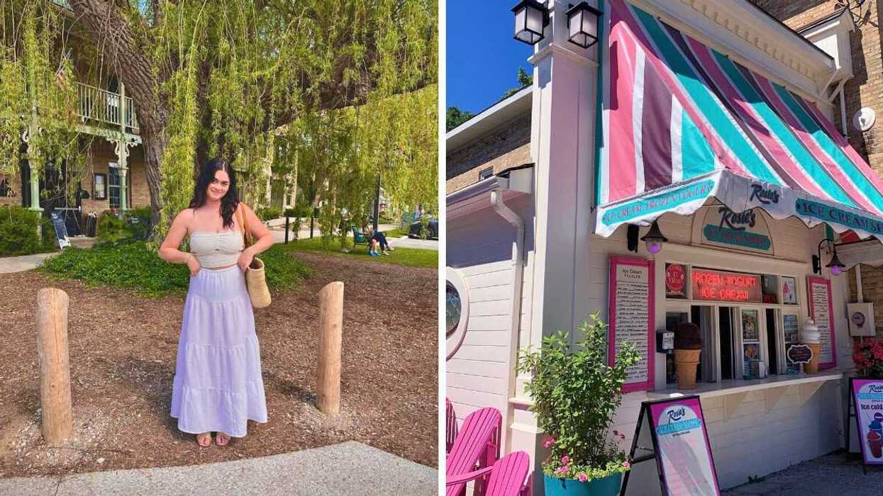 A person standing by a tree. Right: A colourful ice cream shop.