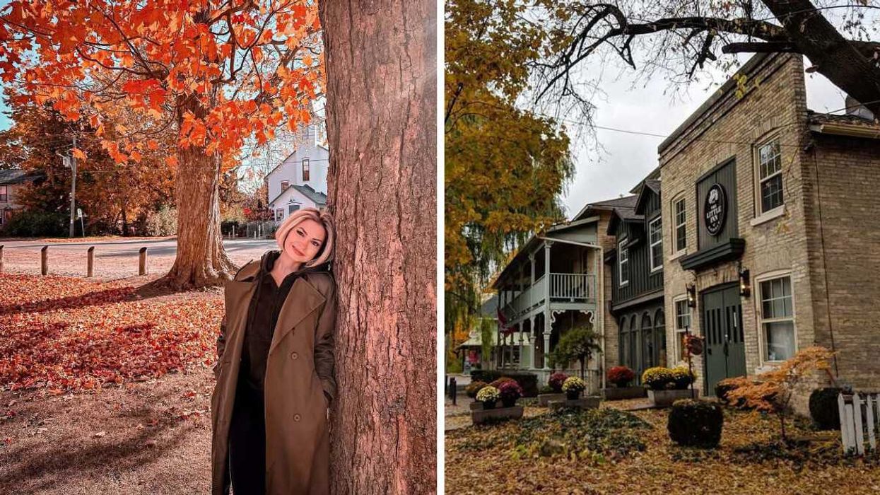 A person standing by a tree. Right: A historic street during the fall.