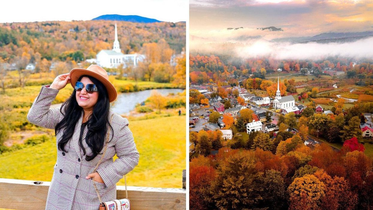 A person standing by a village. Right: A village surrounded by fall foliage.