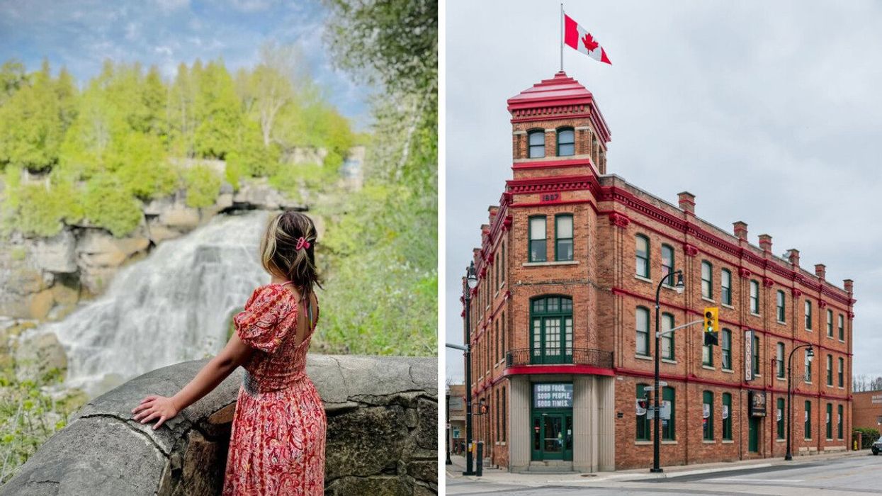 A person standing by a waterfall. Right: A historic building with a Canadian flag.
