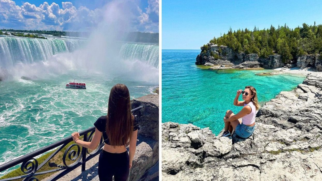 A person standing by a waterfall. Right: A person sitting by blue water.