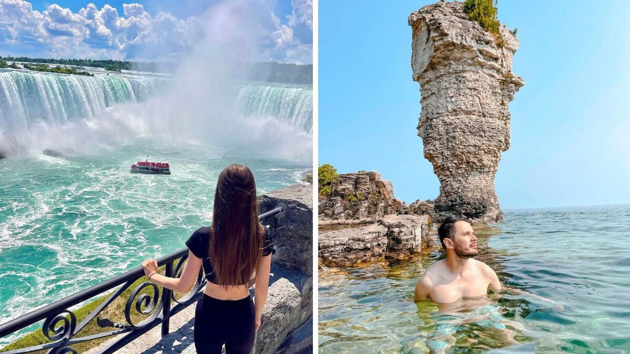 A person standing by a waterfall. Right: A person swimming in front of a rock pillar.