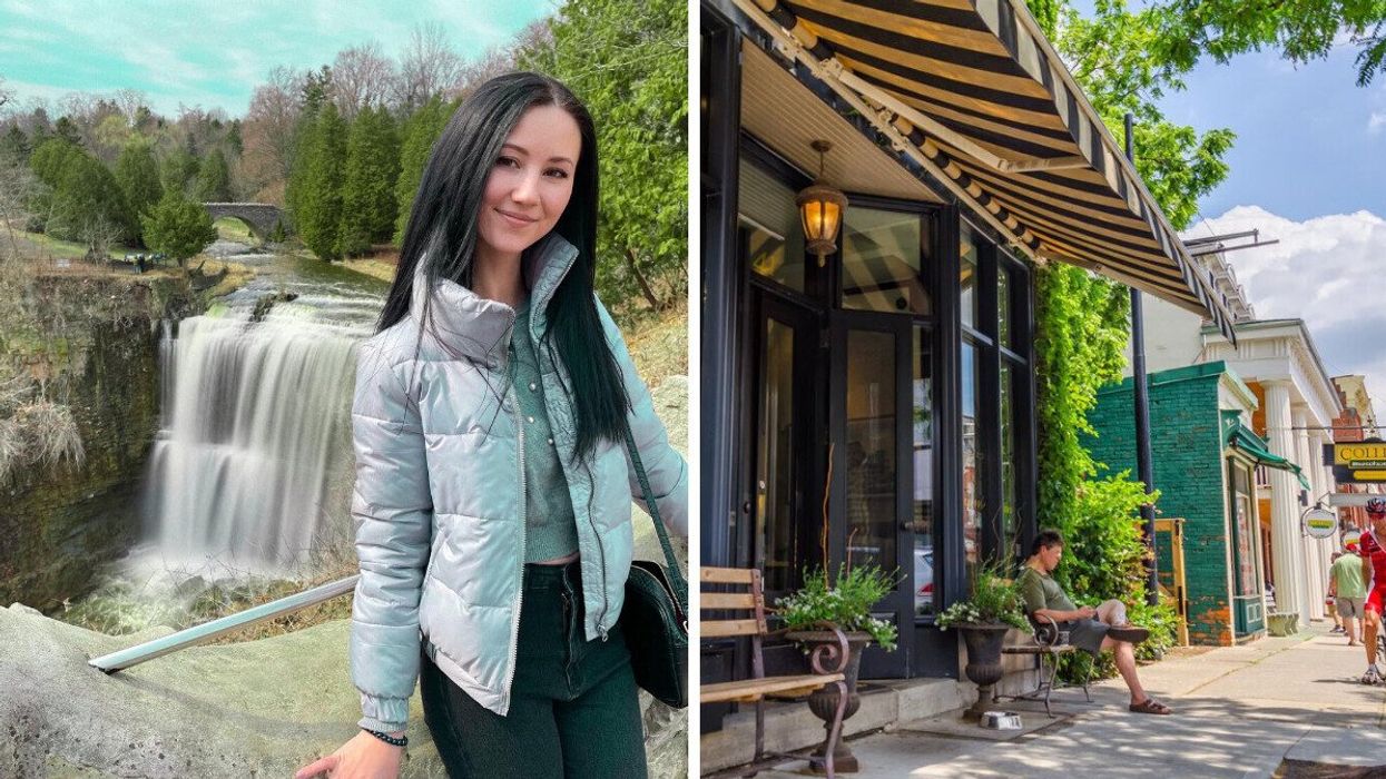 A person standing by a waterfall. Right: A quaint main street.