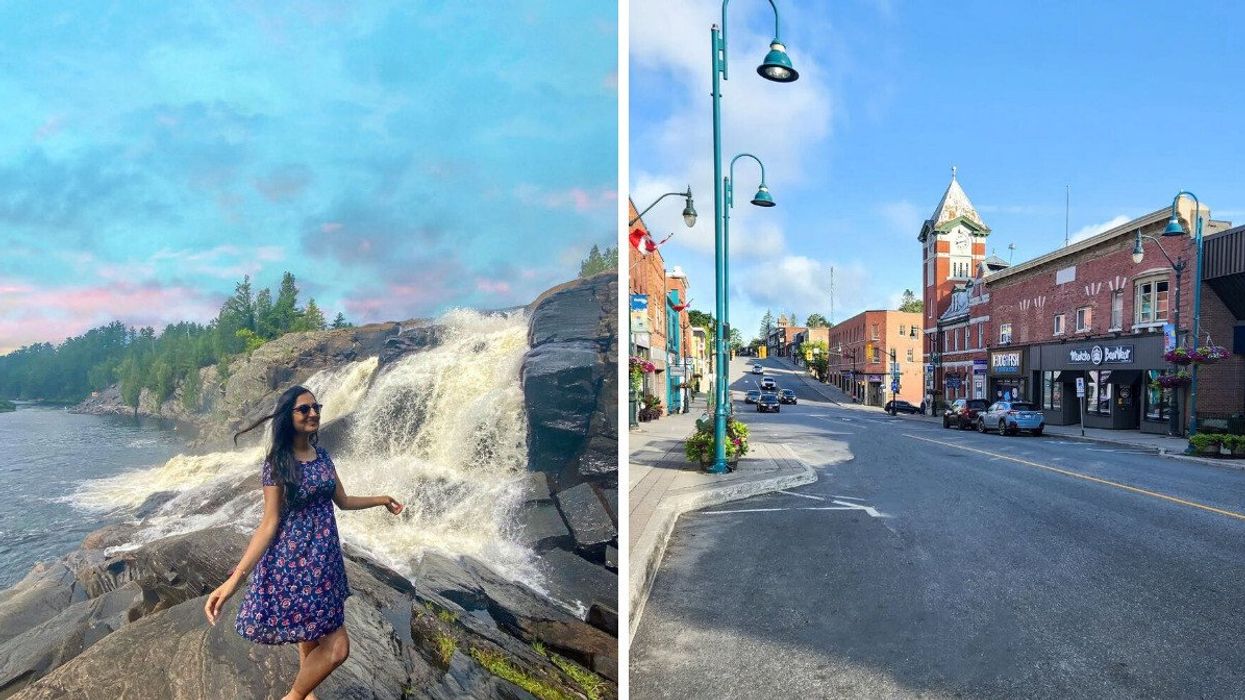 A person standing by a waterfall. Right: A small town.
