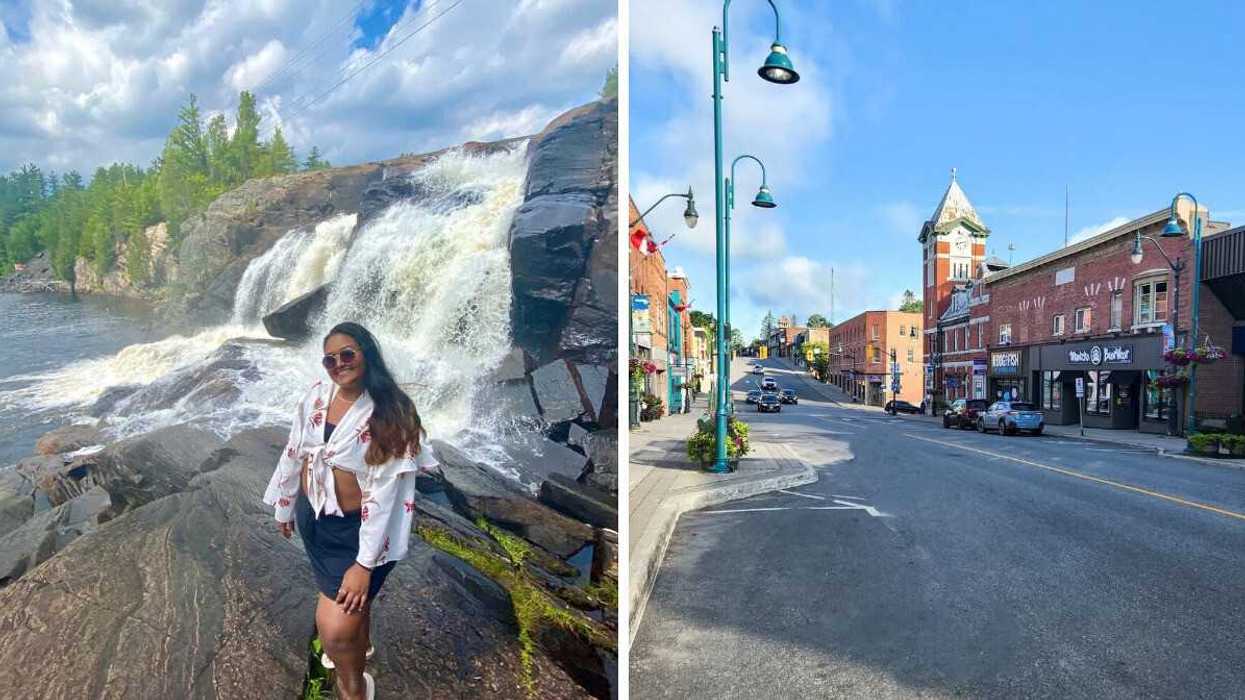 A person standing by a waterfall. Right: A small town.