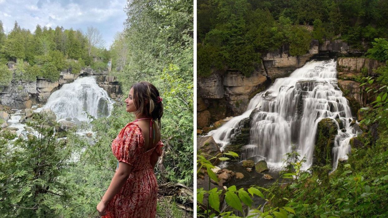 A person standing by a waterfall. Right: A waterfall cascading over rocks.
