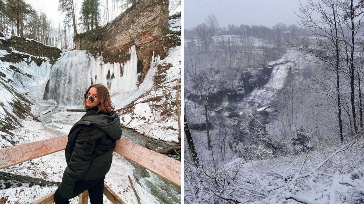 A person standing by a waterfall. Right: A waterfall during the winter.