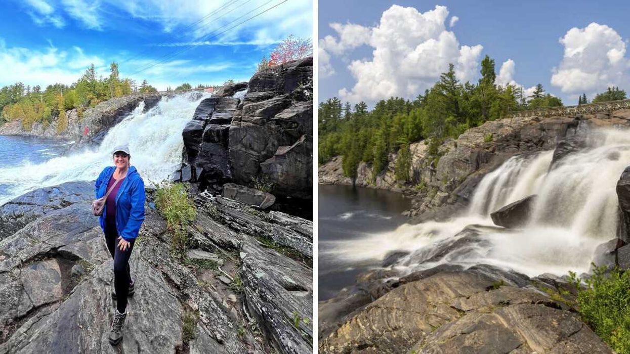 A person standing by a waterfall. Right: A waterfall.