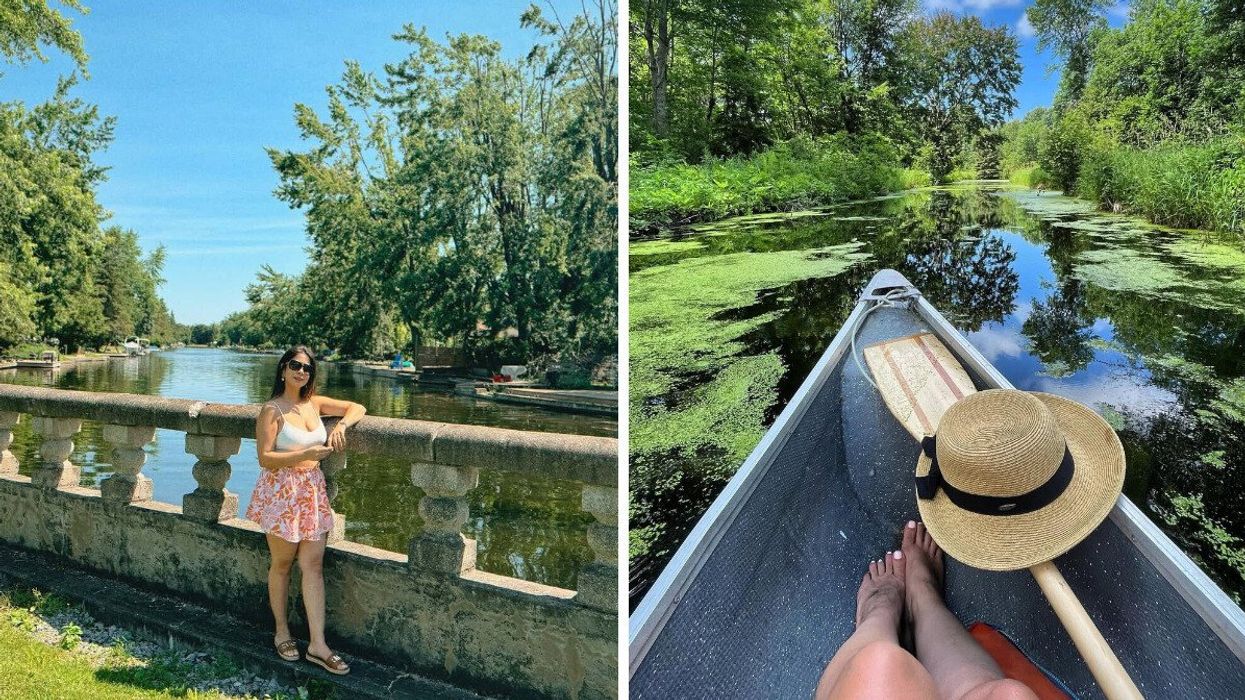 A person standing by a waterway. Right: A canoe floating in the water.