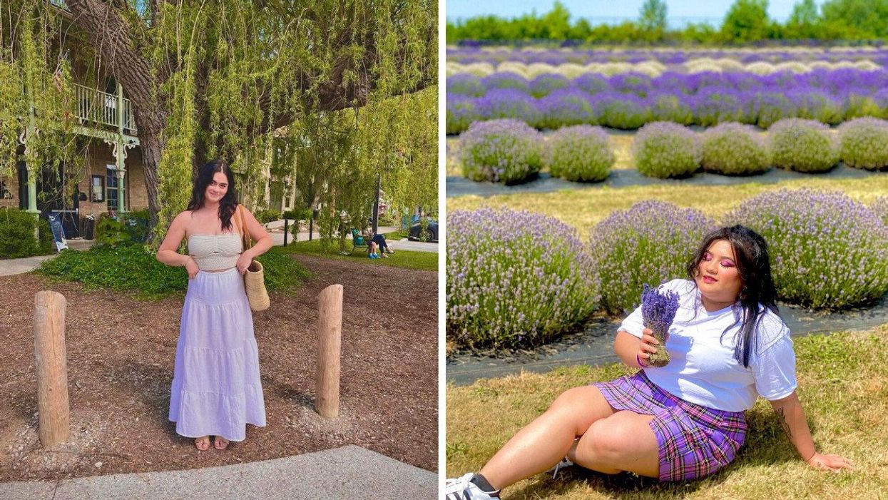 A person standing by a willow tree. Right: A person sitting in a lavender field.