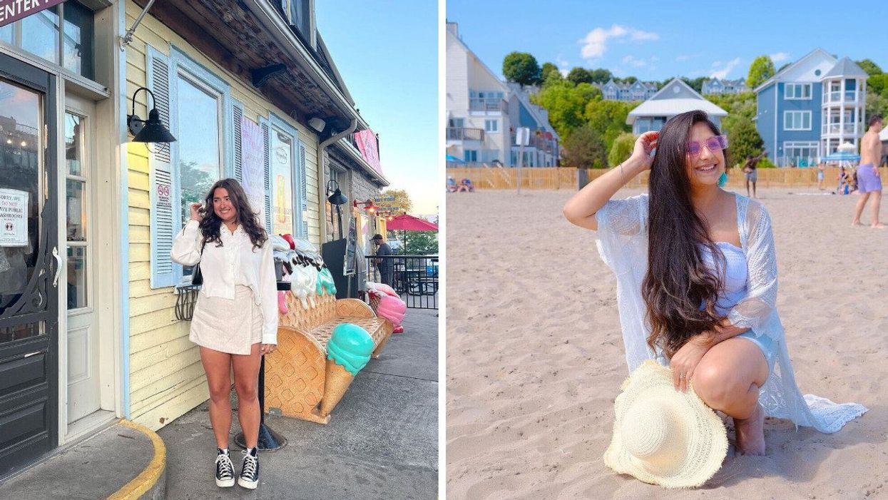 A person standing by an ice cream parlour. Right: A person sitting on a beach.