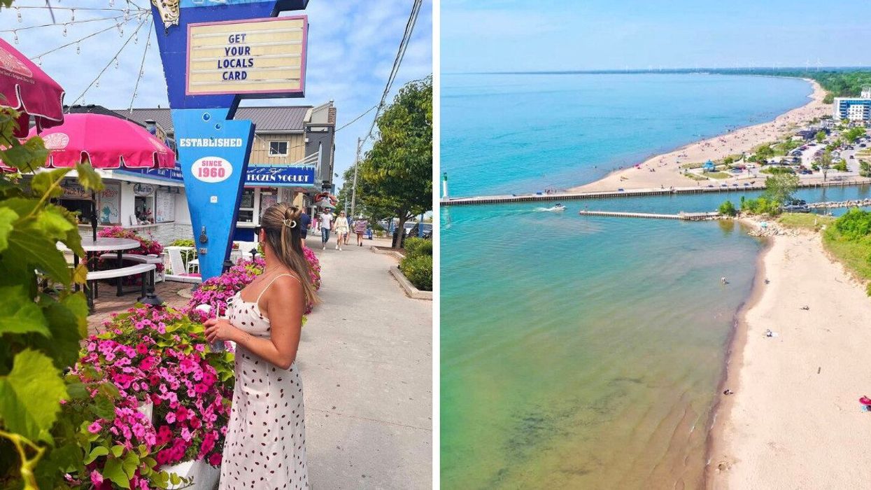 A person standing by an ice cream shop. Right: An aerial view of a beach.