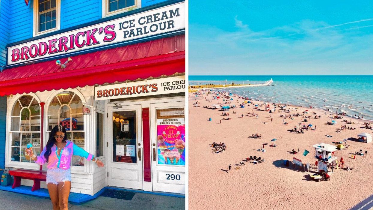 A person standing by an ice cream store. Right: A beach.