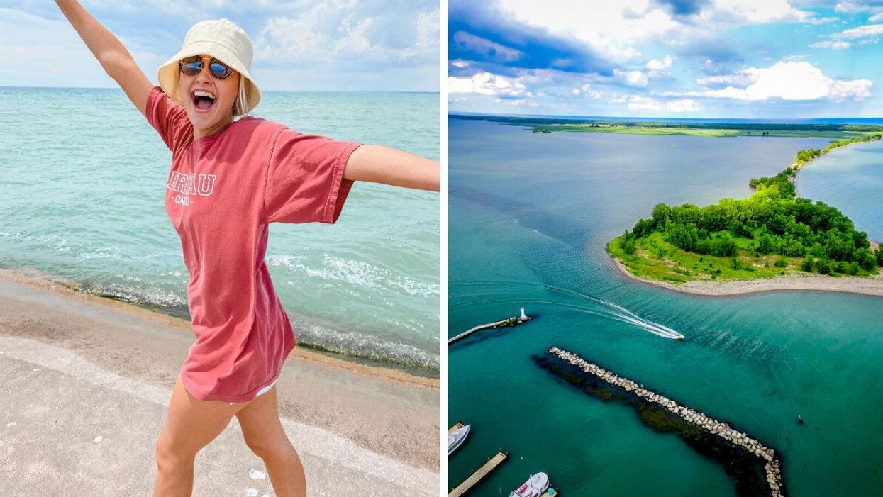 A person standing by blue water. Right: A sandy shoreline surrounded by blue water.