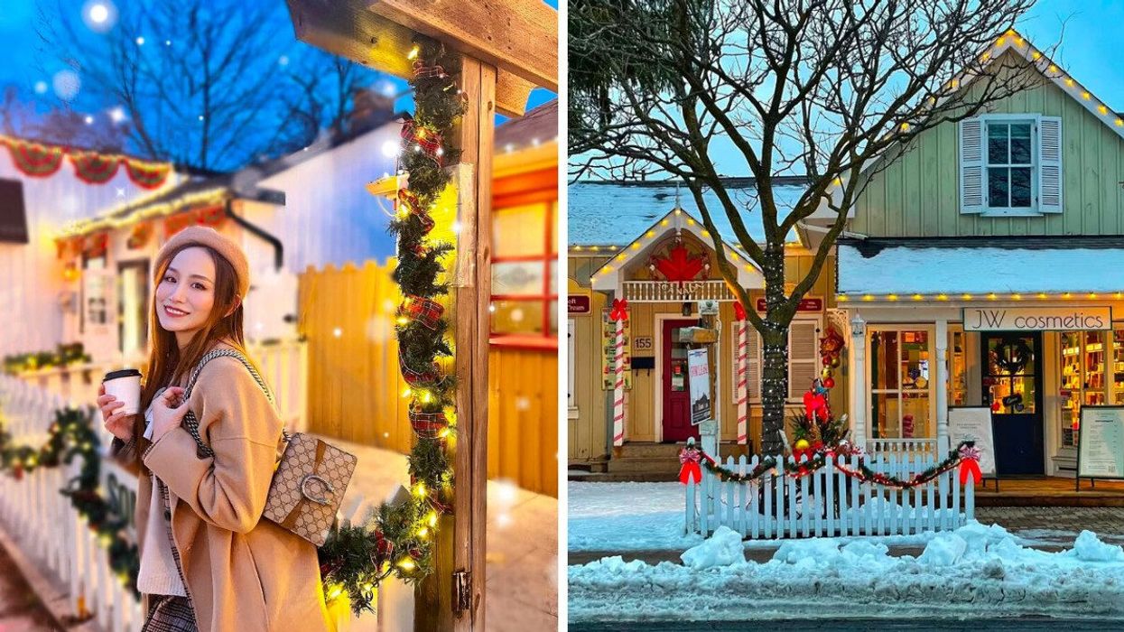 A person standing by Christmas decor. Right: A story covered in Christmas decor.