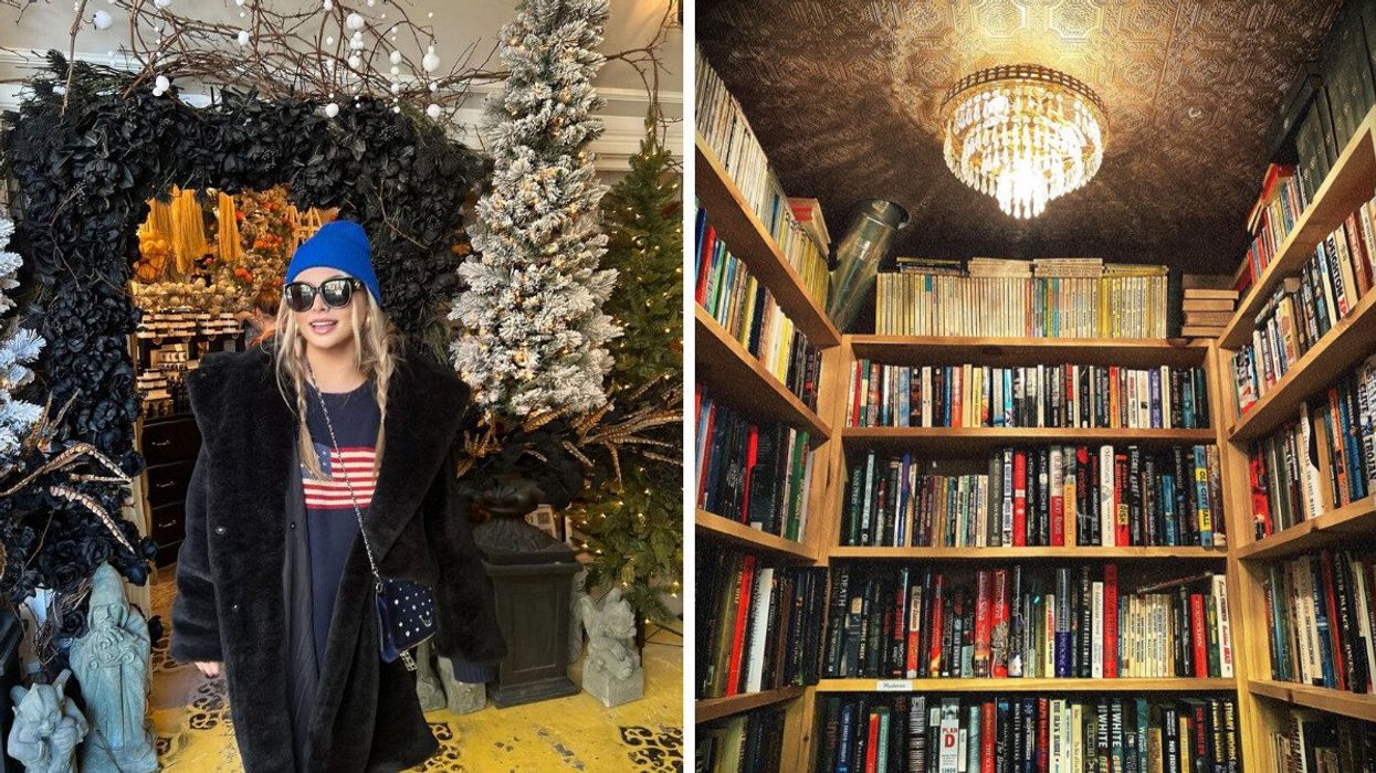 A person standing by Christmas decor. Right: The interior of a bookstore.