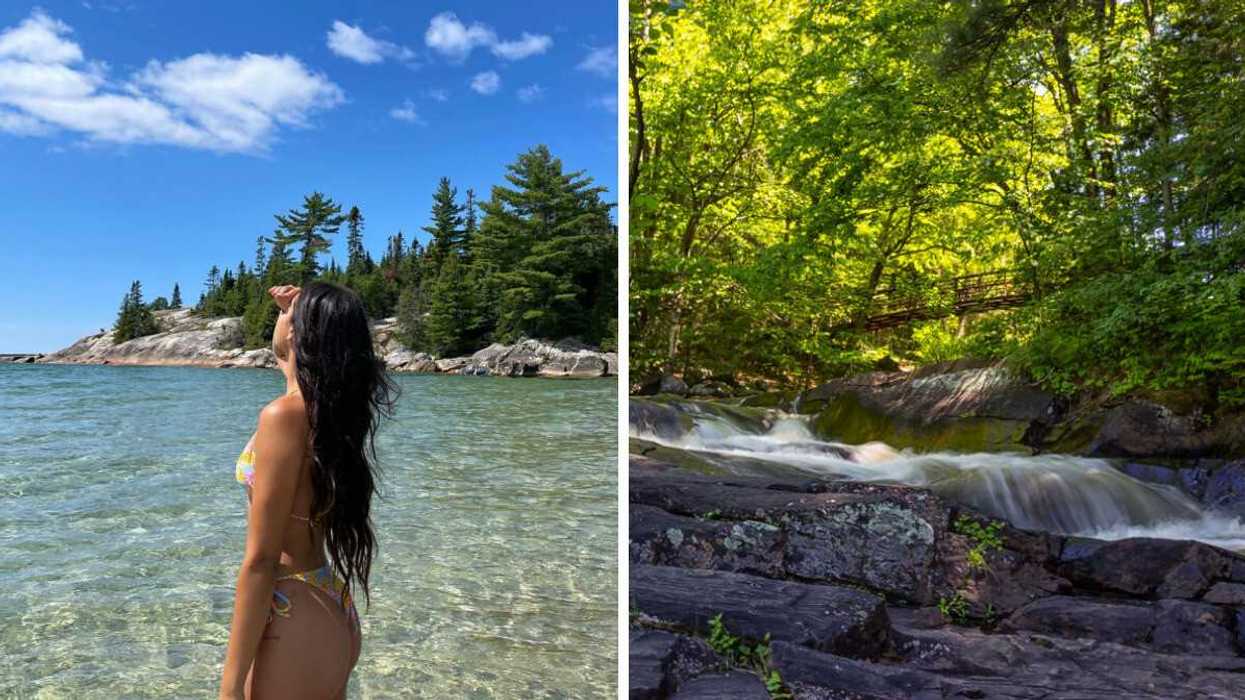 A person standing by clear water. Right: A waterfall with a bridge.