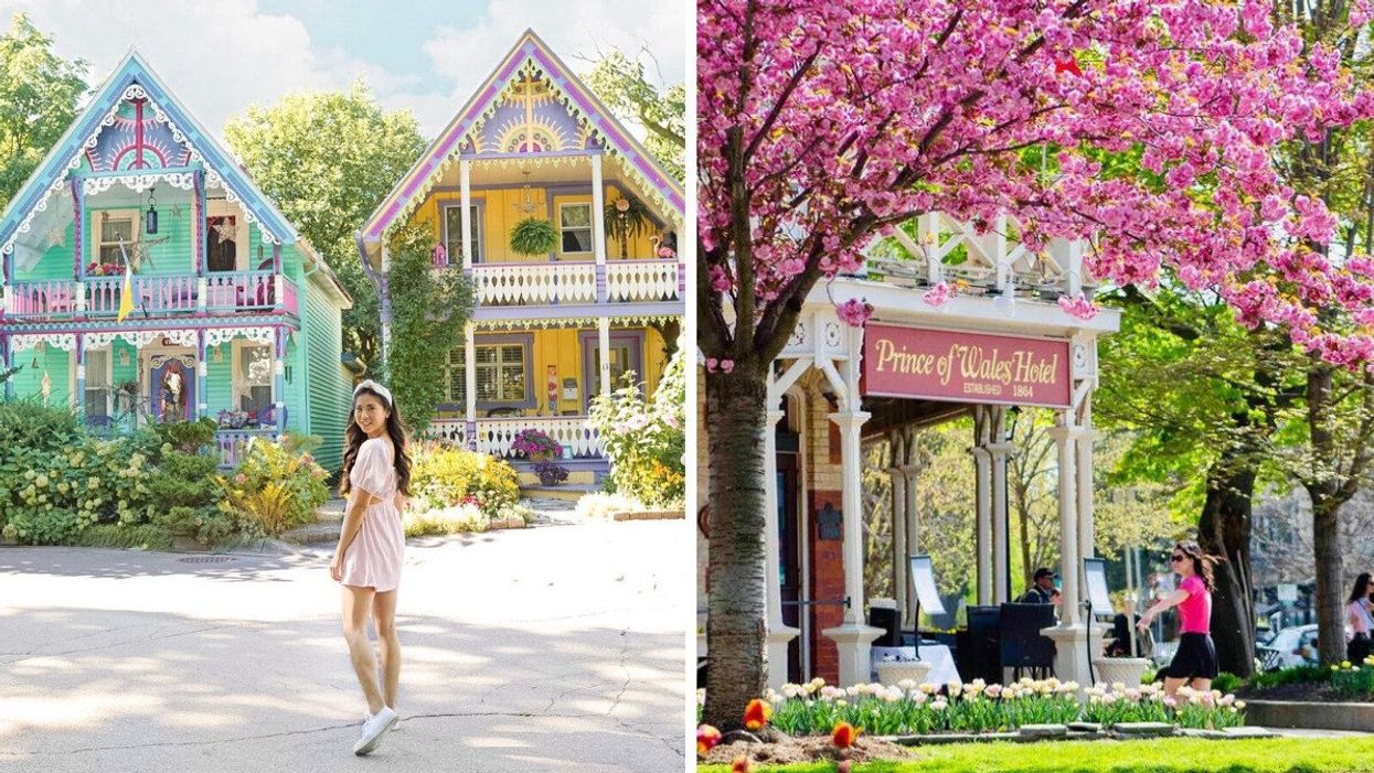 A person standing by colourful houses. Right: A blossoming tree in a small town.