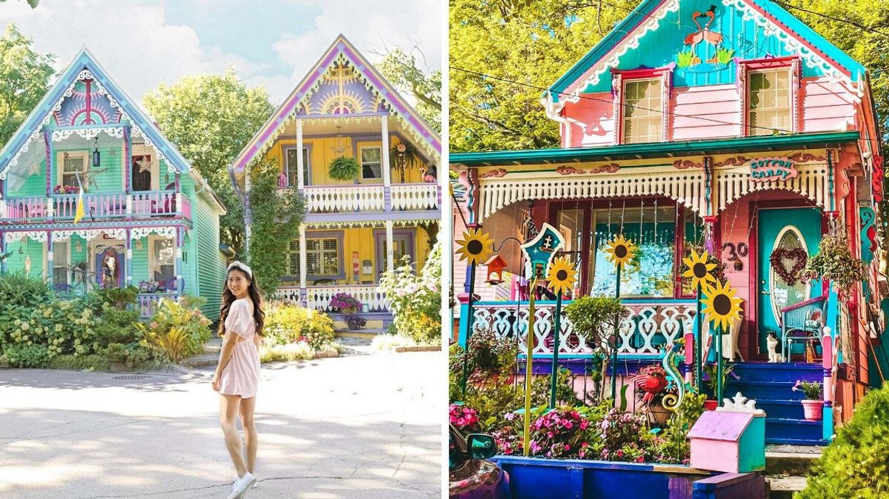 A person standing by colourful houses. Right: A pink and blue house with sunflowers.