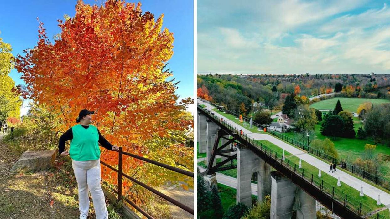 A person standing by fall colours. Right: An elevated park.