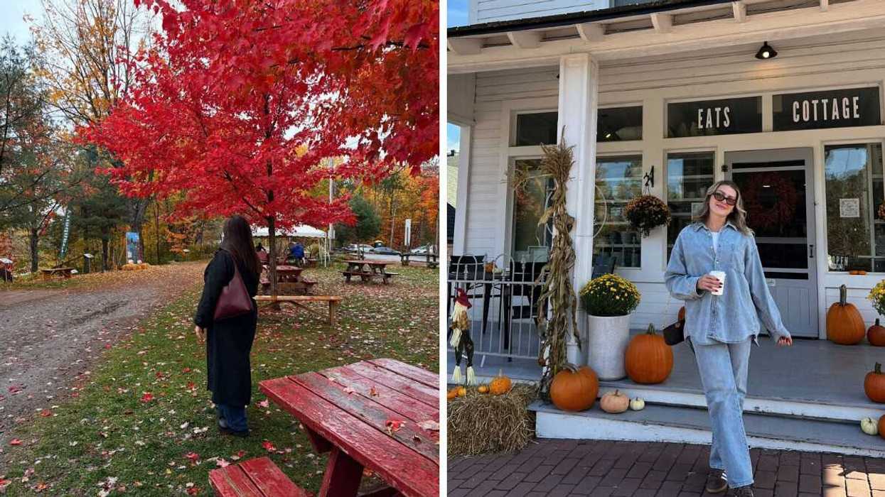 A person standing by fall trees. Right: A person standing outside a shop.