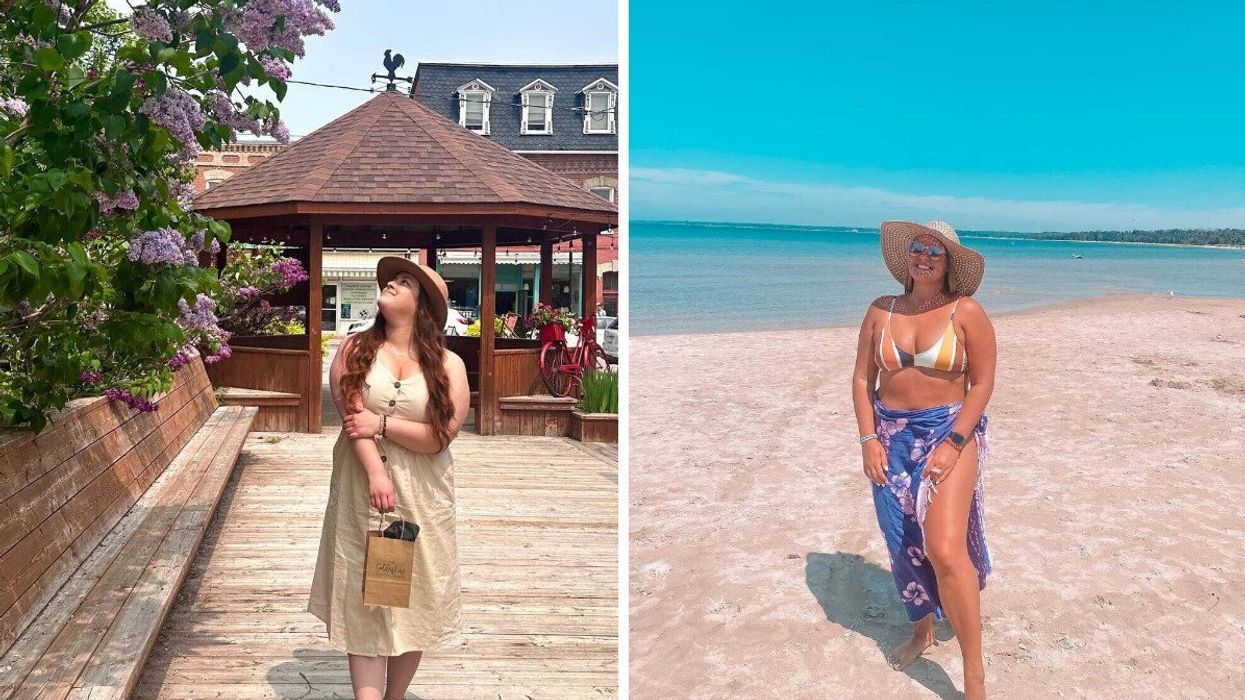 A person standing by flower bushes. Right: A person standing on a beach.