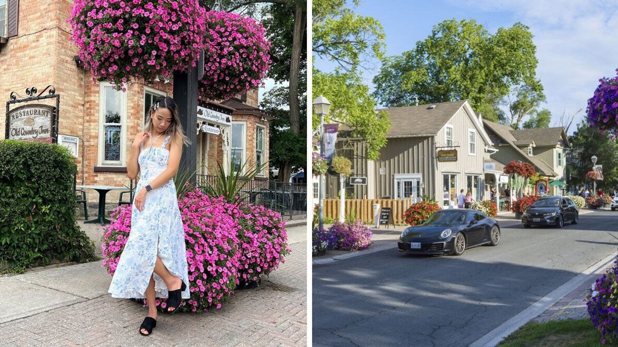 A person standing by flowers on a street. Right: A charming street.