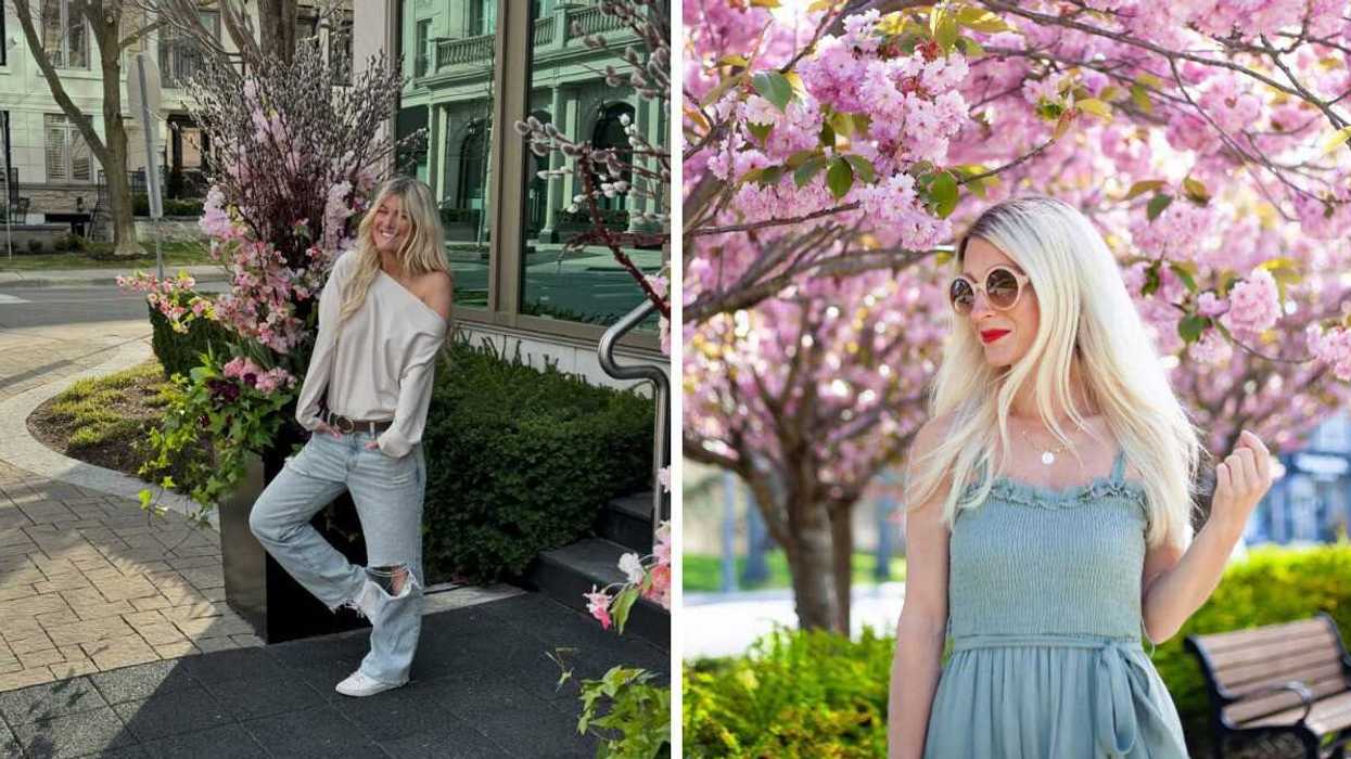 A person standing by flowers. Right: A person by cherry blossom trees.