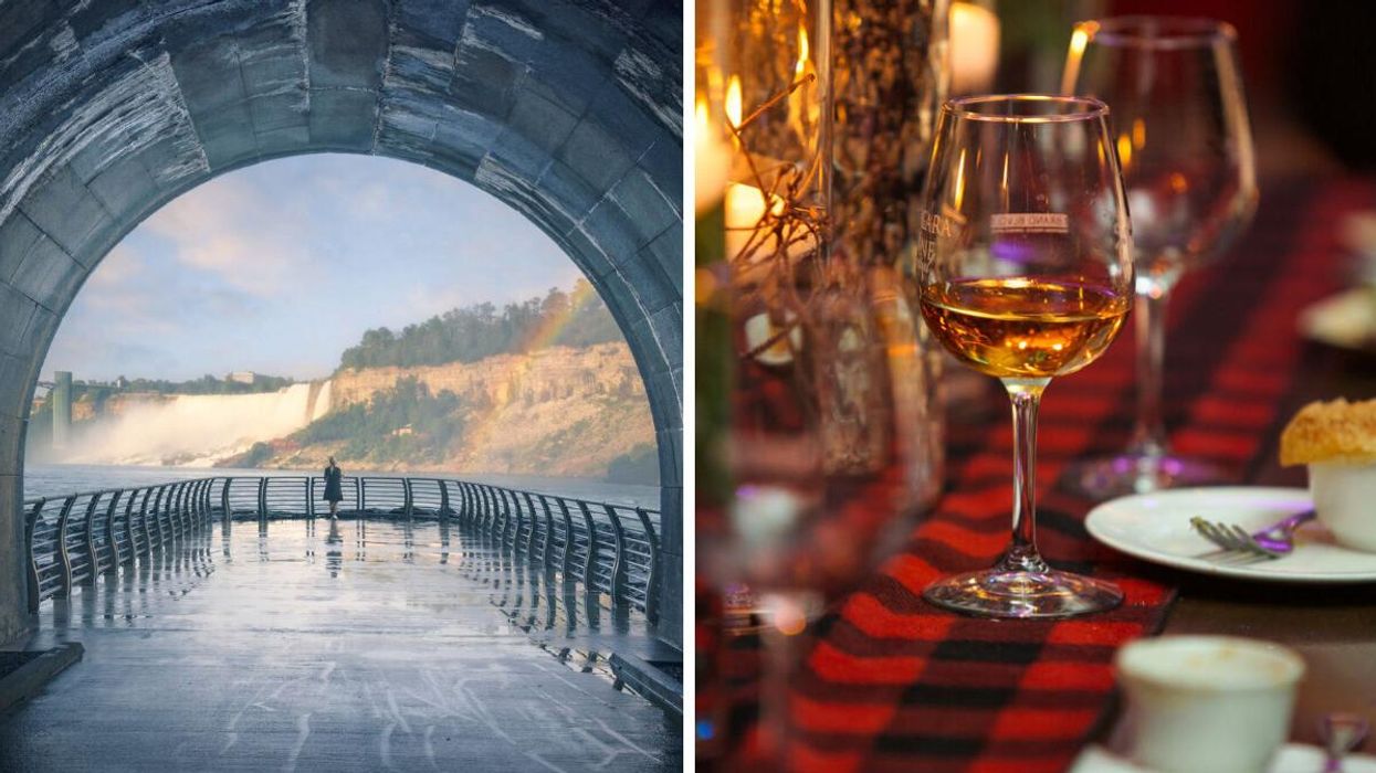 A person standing by Niagara Falls. Right: A glass of icewine.