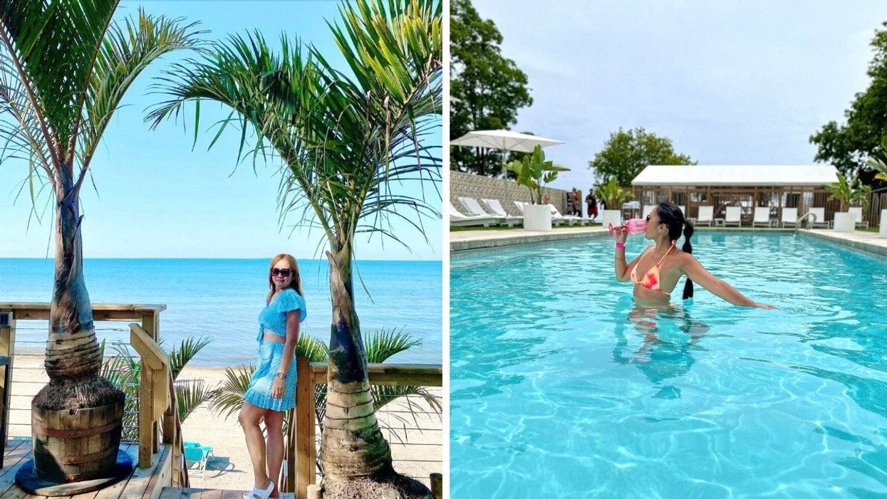 A person standing by palm trees and a sandy beach. Right: A person drinking from a pink glass in a pool.