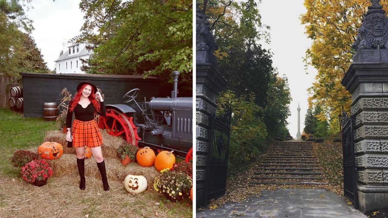 A person standing by pumpkins and hay bales. Right: Stone steps covered in leaves.