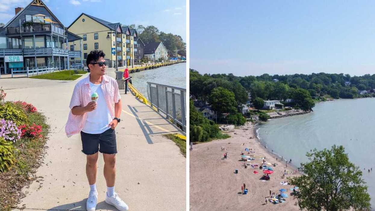 A person standing by the water. Right: A sandy beach.