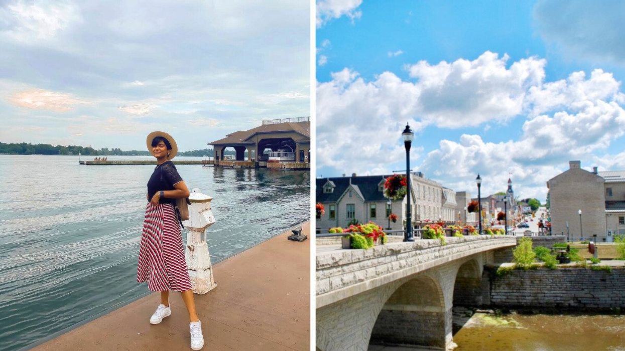 A person standing by the water. Right: A small town with a bridge.