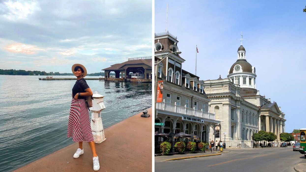 A person standing by the water. Right: Historic buildings along a street.