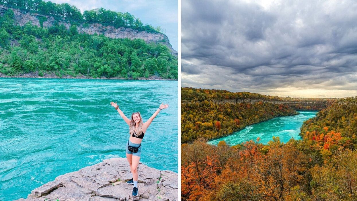 A person standing by turquoise water. Right: A river surrounded by fall foliage.
