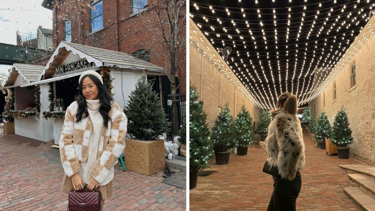 A person standing by vendor cabins at a Christmas market. Right: A person standing under a canopy of lights.