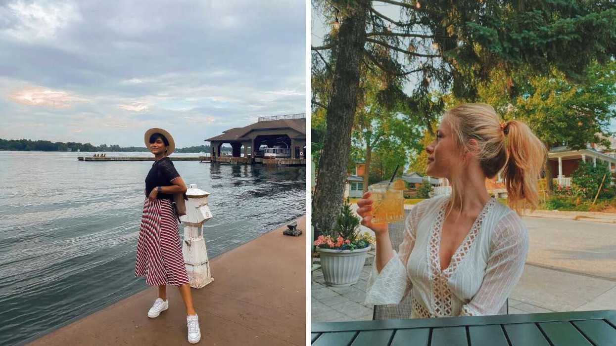 A person standing by water. Right: A person sitting with a drink.