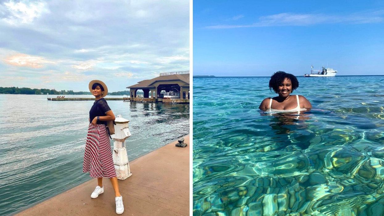 A person standing by water. Right: A person swimming in clear water.