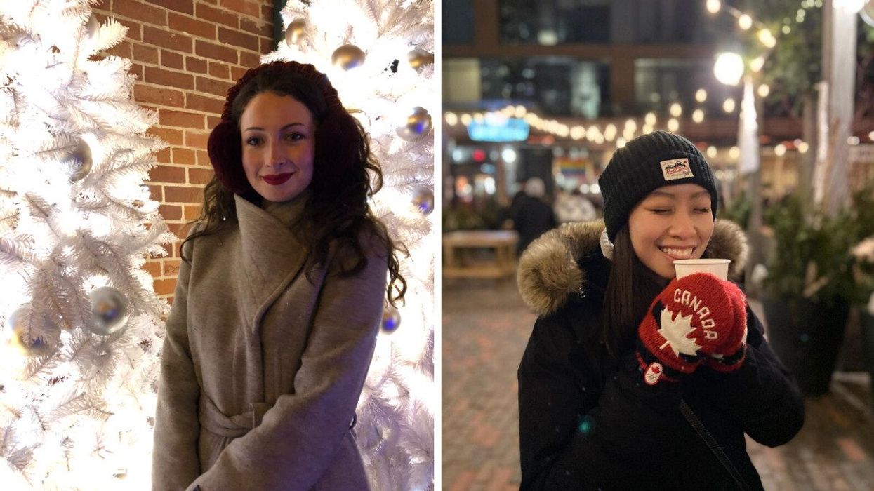 A person standing by white Christmas trees. Right: A person holding a warm drink.