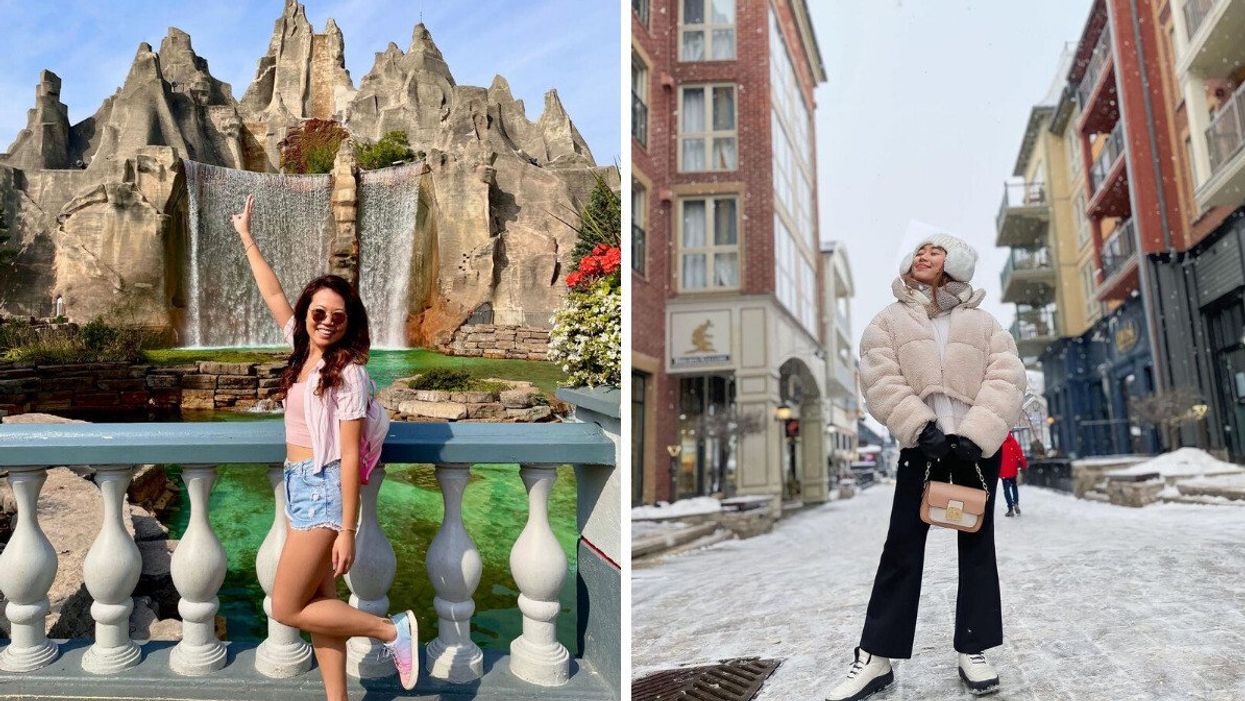 A person standing by Wonder Mountain. Right: A person in Blue Mountain Village.