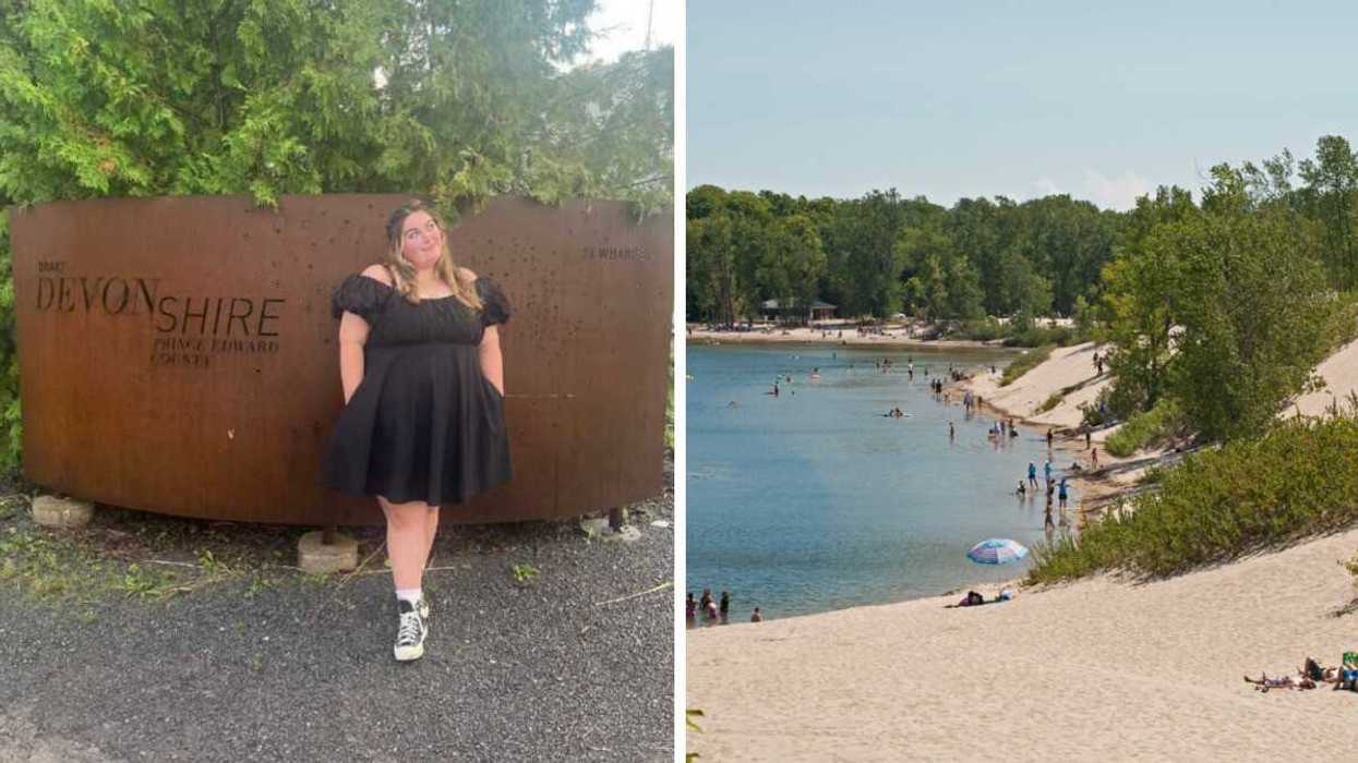 A person standing for a photo. Right: A beach.