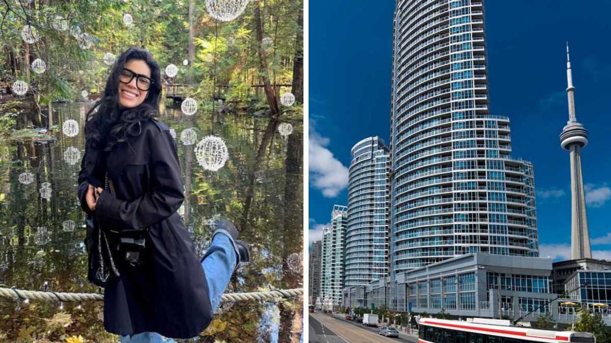 A person standing for a photo. Right: A Toronto street.